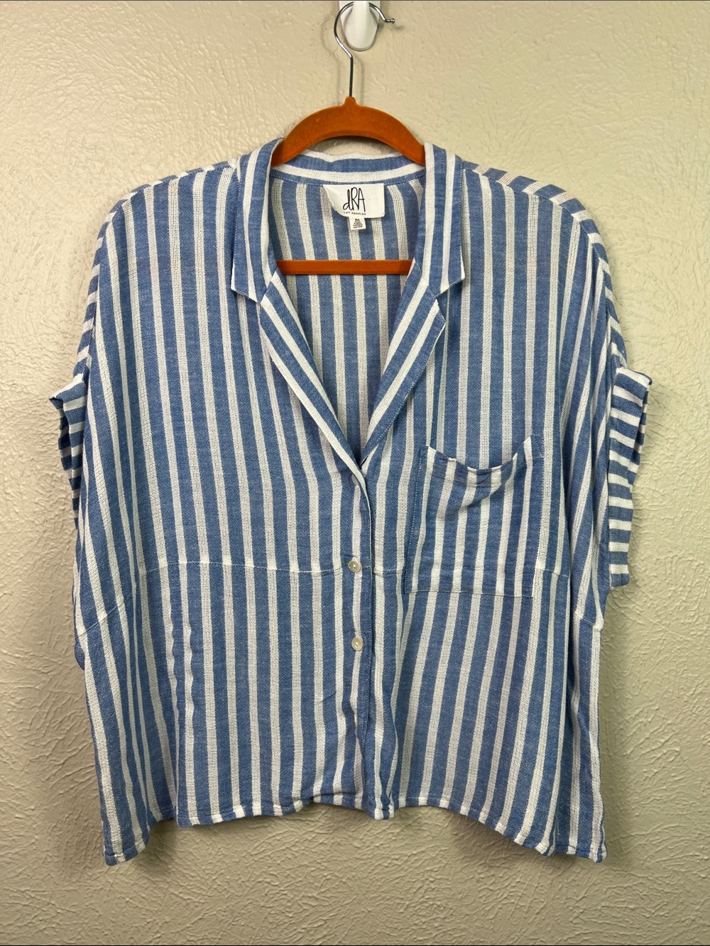 Dra Los Angeles Blue White Stripe Cap Sleeve Oversized Crop Blouse Medium